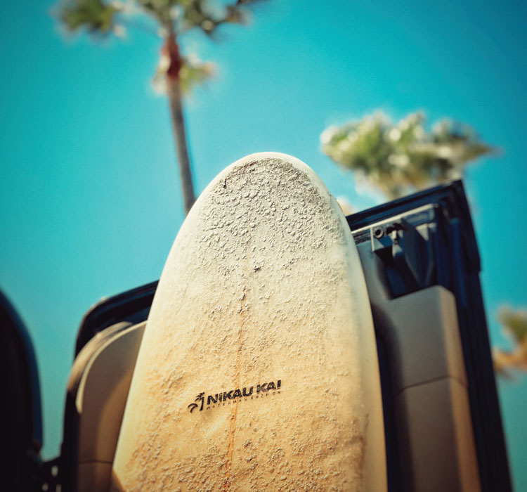 Surfboard nose with Nikau Kai logo